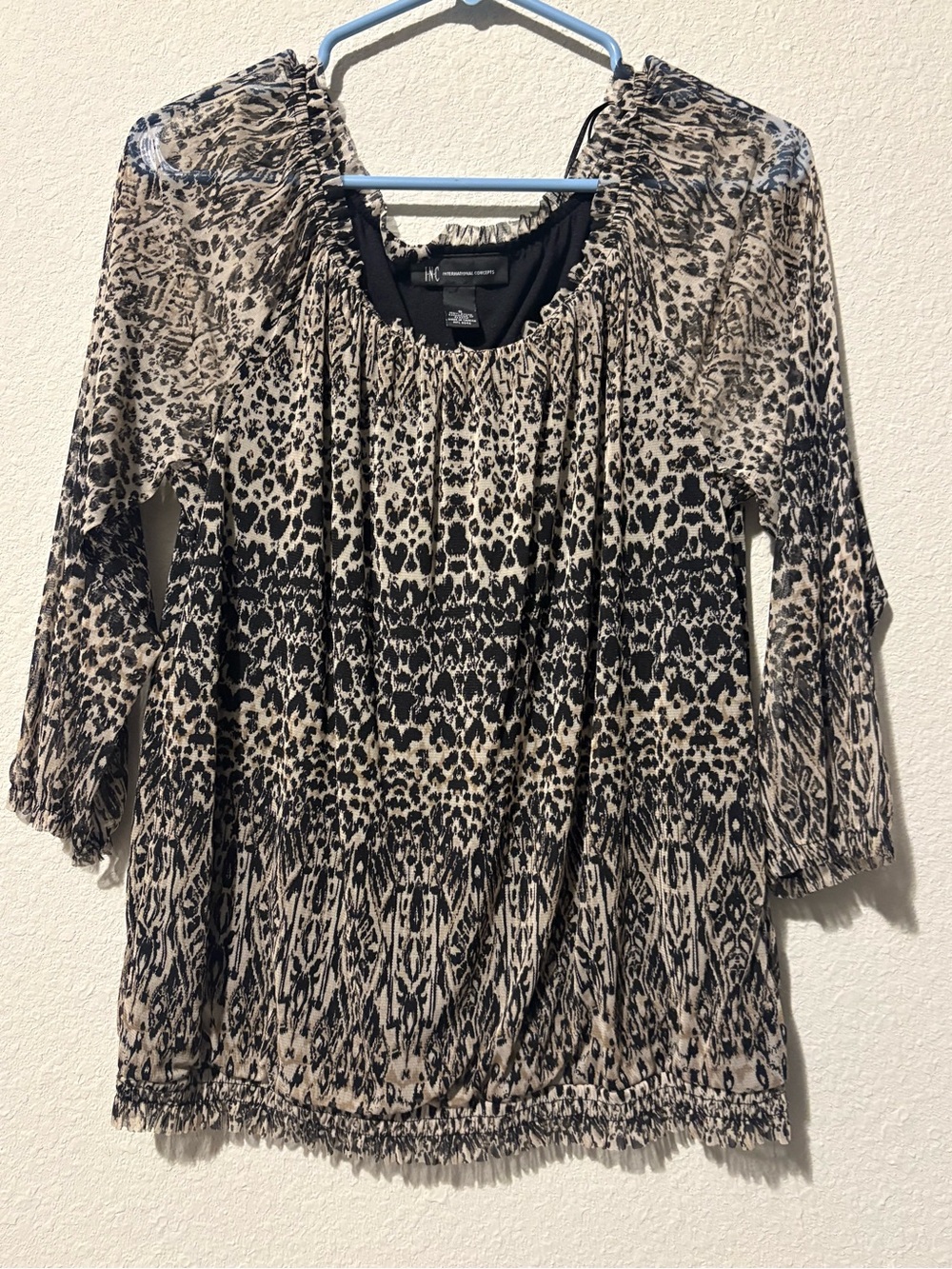Women's Beige and Black Animal Print Peasant Top